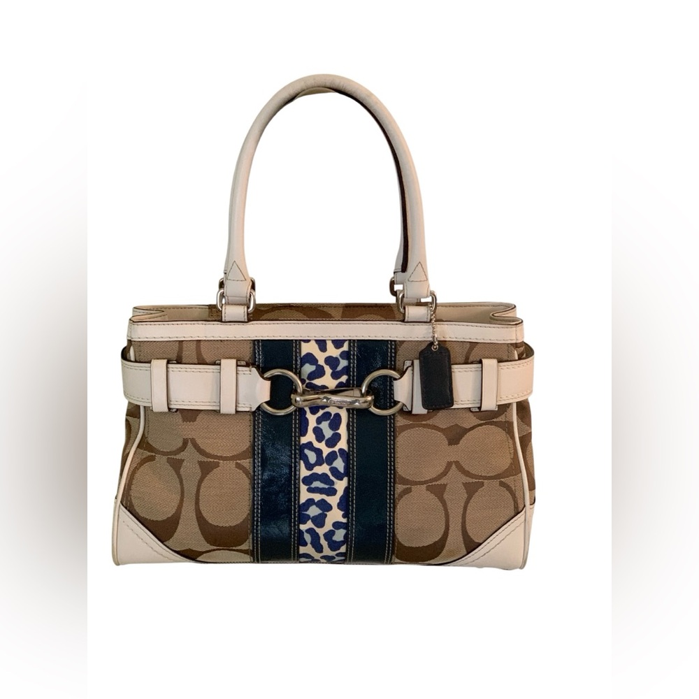 Coach Signature Canvas Satchel with Navy Stripe and Cream Trim
